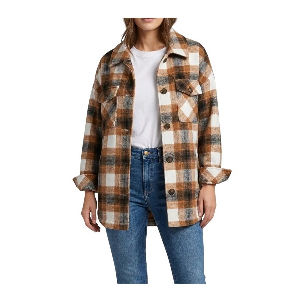 Ci Sono Flannel Button Down Shirt Jacket Brown Tan Cream Plaid Shacket Long Slee
